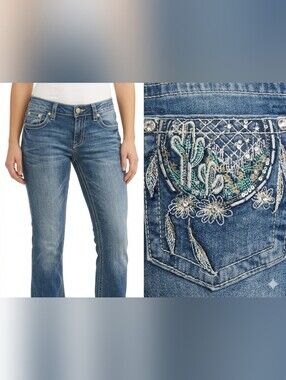 NWT Stella in Dreams Mid-Rise Bootcut Jeans Embroidered Cactus Rhinestone 13/31